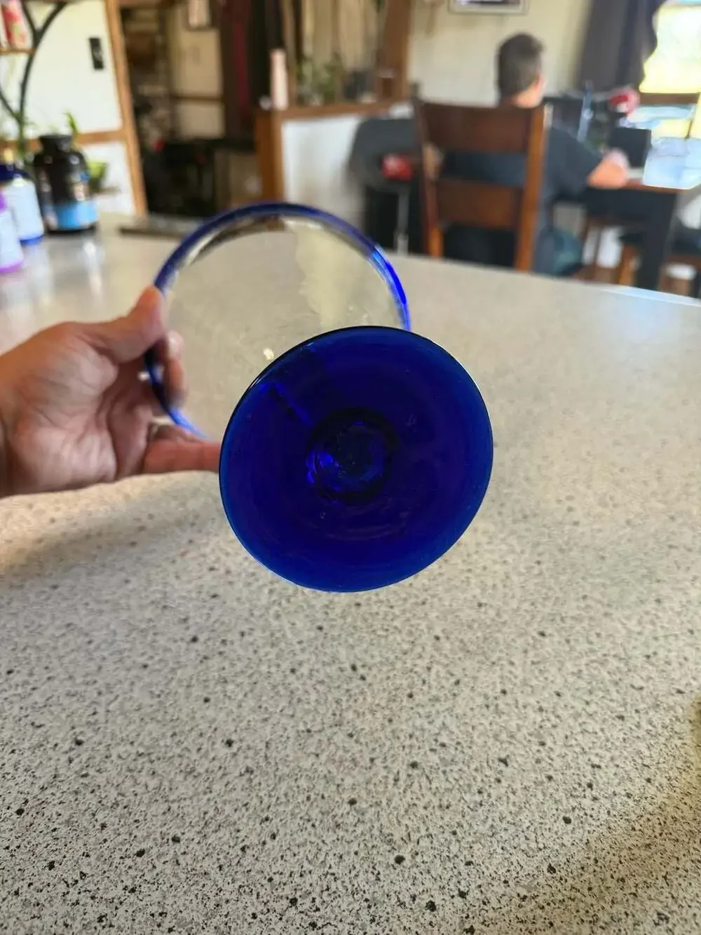 Set of 2 Hand Blown Mexican Margarita Martini Glasses w/ Cobalt Blue Rim n Base